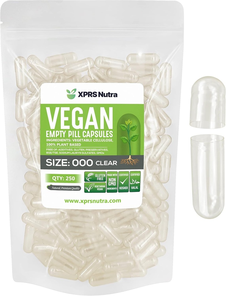 XPRS Nutra Vegan Größe 000 Leere Kapseln - 250 Count klare leere Vegan Kapseln - Vegetarische Pille - DIY Gemüse Kapsel Füllung - Veggie Pillen Pillen