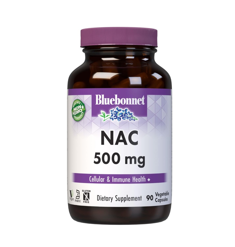 Bluebonnet NAC Supplement N-Acetyl-L-Cystein 500 mg - Antioxidant Cellular Health & Immune Support - Free-Form Amino Säure für Damen und Herren - Non-GMO, Kosher, Gluten-Free - 90 Gemüsekapseln