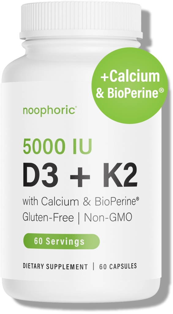 Noophoric D3 K2 Vitamin 5000 IU - Vitamin K2 100 mcg MK7, Calcium, BioPerine - Knochengesundheit und Immununterstützungsergänzung - Glutenfrei, Non-GMO - Vitamin D3 K2 Supplement (60 Portionen)