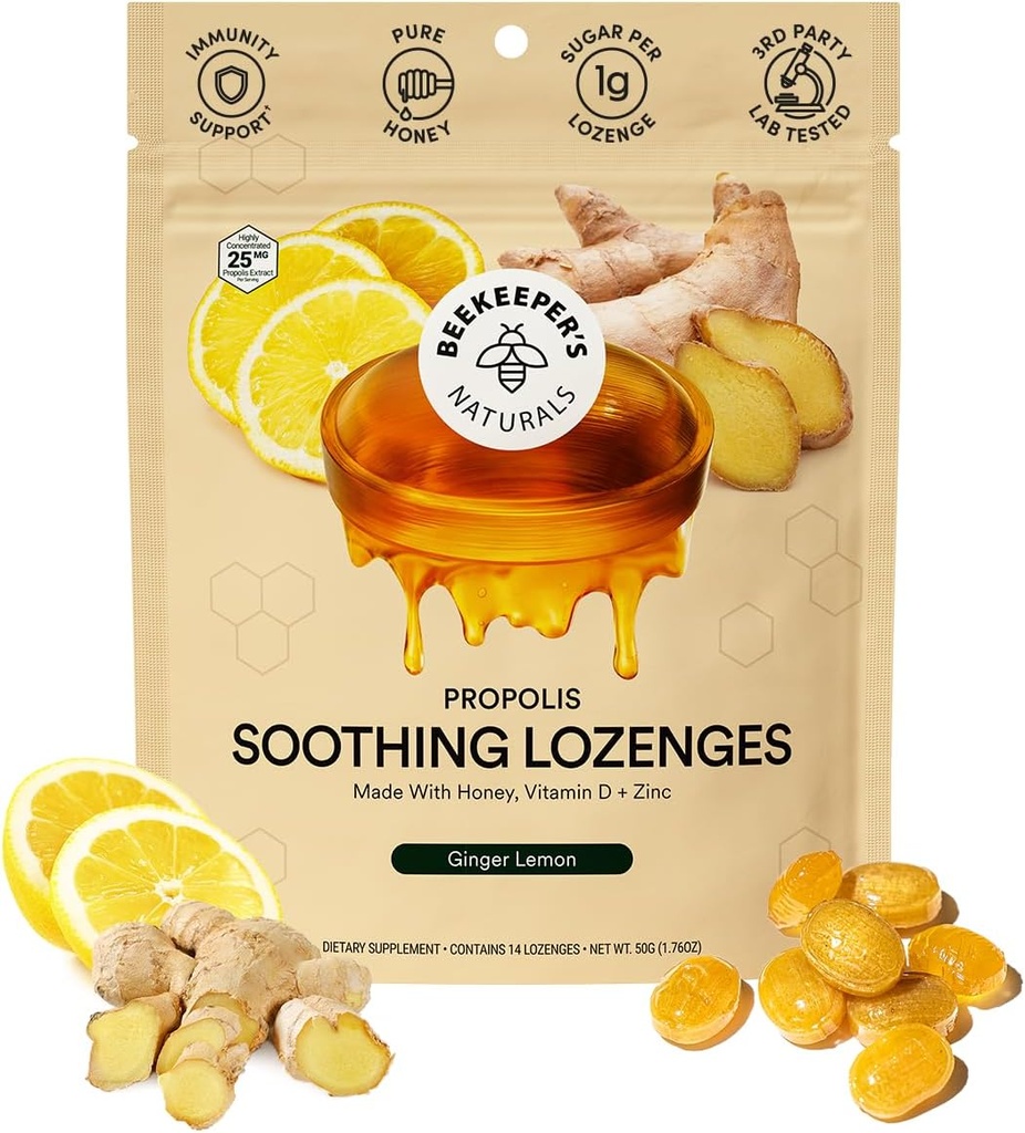 Beekeeper's Naturals Beruhigende Honig Ginger Zitronen Husten Tropfen - Immununterstützung mit Vitamin D, Zink und Propolis Throat Beruhigende Lozenges, 14 Ct