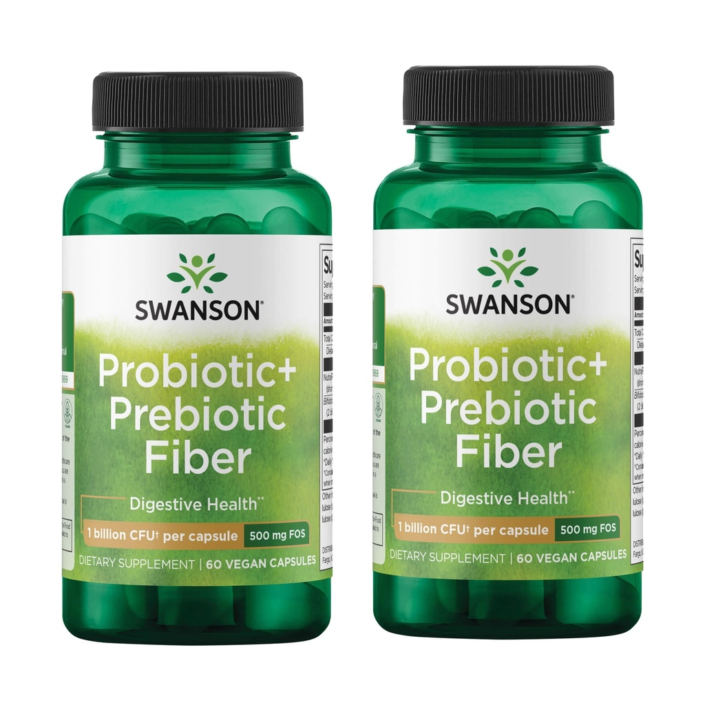 Swanson Prebiotic + Probiotic Fiber - Natürliche Ergänzung Förderung des Verdauungssystems und Immun-Gesundheitsunterstützung - Aids Regularity & GI Tract Health - (60 Kapseln, 500 Millionen CFU Jeder) (2 Packung)
