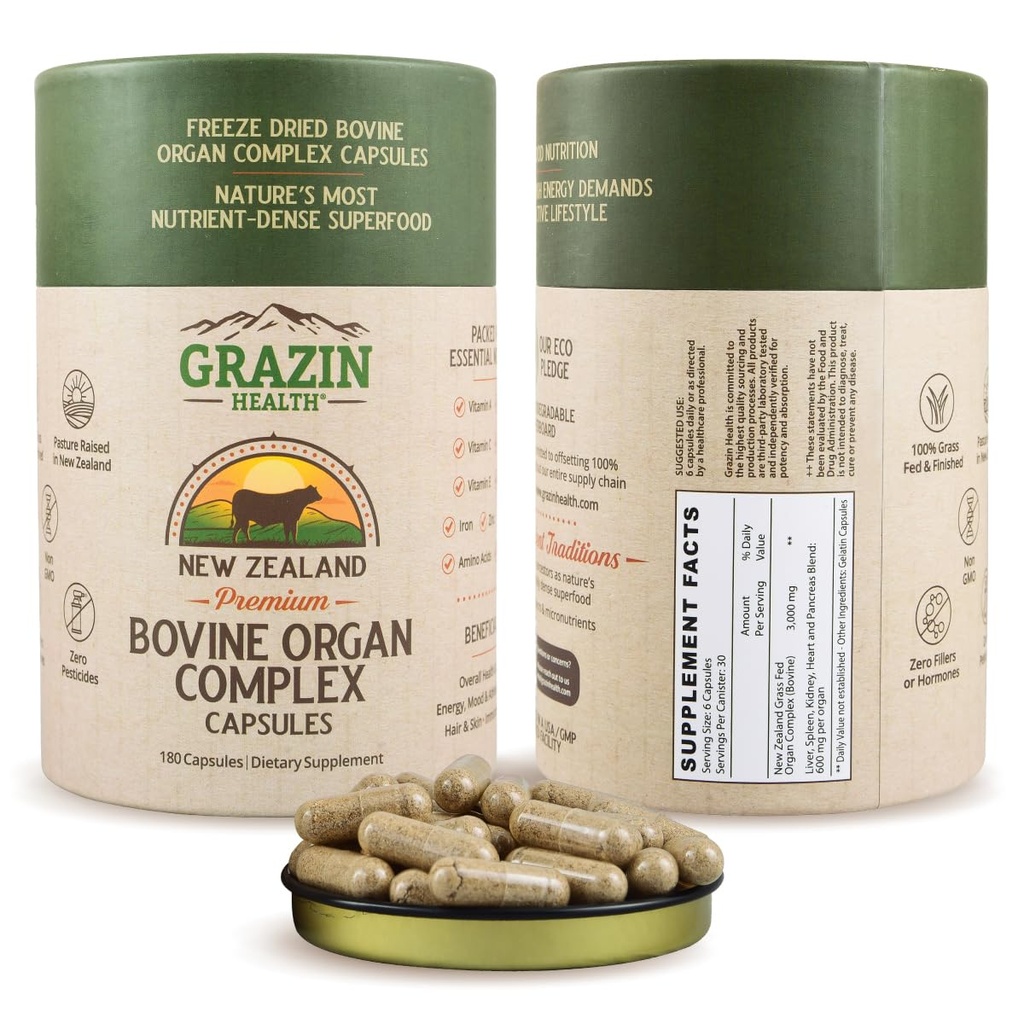 Complexe d'organes bovins herbeux : foie, rate, rein, coeur, pancréas (600 Mg par organe par capsule), 3000 Mg par service (30 portions)