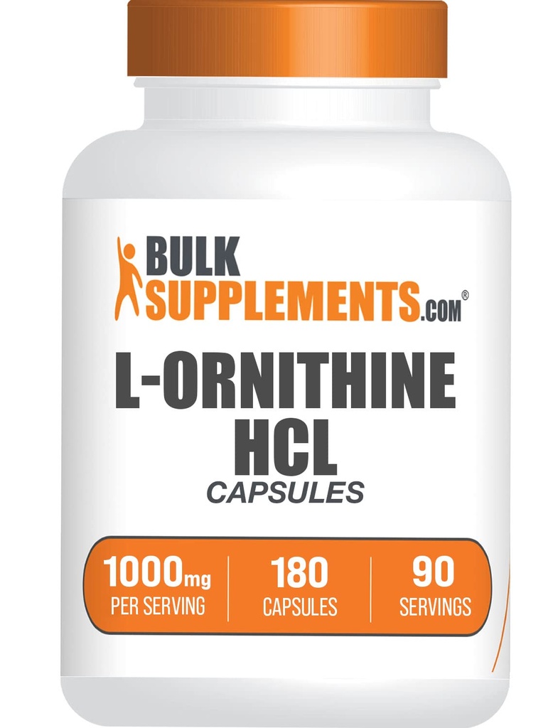BulkSupplements.com Capsules de HCl L-Ornithine - Hydrochlorure de L-Ornithine, L-Ornithine 1000mg - Supplément acides aminés, sans gluten, 2 capsules par portion, 180 Nombre (paquet de 1)