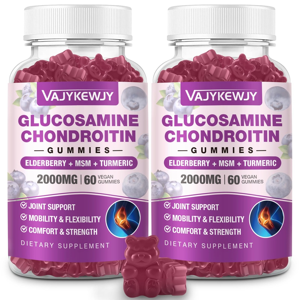 2 Packs 2000mg Glucosamine Chondritine Gommies, Glucosamine Extra Strength avec Chondroïtine MSM & Turmeric, Supplément de soutien joint, Support immunitaire antioxydant - 120 Gummes