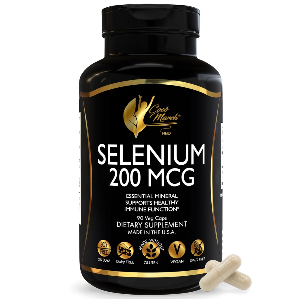 Cocó March N.M.D. Selen 200 mcg – Schilddrüsen- und Immununterstützungsergänzung – Essentielles Mineral für Metabolismus und antioxidative Abwehr – glutenfrei, milchfrei und vegan – 3 Monate Versorgung, 90 Veg Kapseln