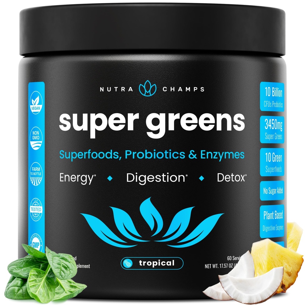 NutraChamps Super Greens Powder Premium Superfood (en anglais seulement) 20+ Organic Green Veggie Wheat Grass, Spiruline, Chlorella (en anglais seulement) Antioxydant, Enzyme digestif et mélanges probiotiques (9.1 OZ, Tropical)