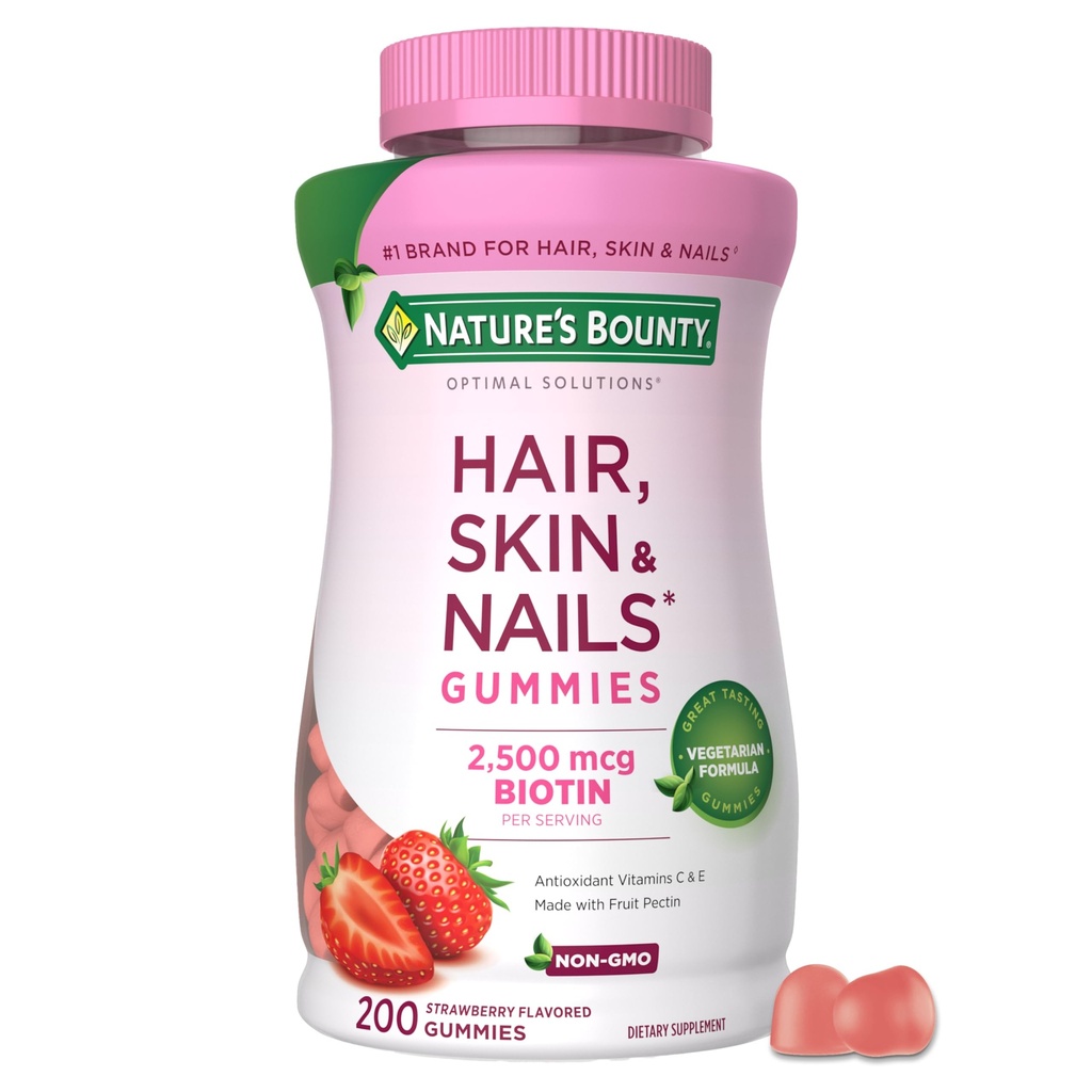 Nature's Bounty Optimal Solutions Haar, Haut und Nägel Pektin Gummis, 2500 mcg Biotin Per Servieren, Kein Stick Gummy, Vegetarische Formel, Erdbeeren Geschmack, 200 Anzahl, 100 Gesamt Servierungen
