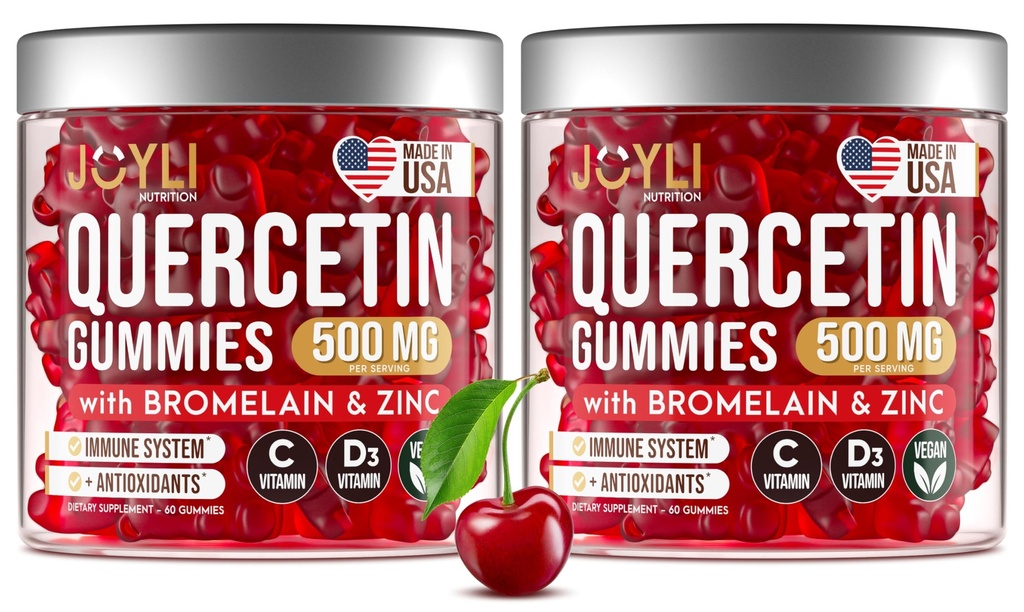 2 Pack - JOYLI Quercetin Gummie mit Bromelain, Zink, Vitamin C & D3 – Sugar-Free Quercetin Supplement für Immununterstützung & Saisonale Wellness – 500mg Quercetin für Kinder & Erwachsene – 60 Gummie pro Pack