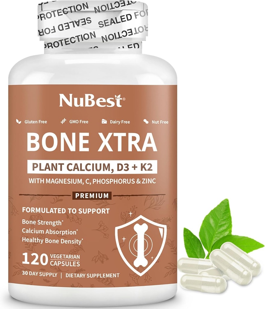 NuBest Bone Xtra - Pflanzenbasierte Knochenstärke, Strontium-Boost mit Strontium-Citrat, Calcium, Magnesium aus Meeresalgen, Phosphor, Vitamin C, K2, D3 | Maximale Kalziumabsorption | 1 Monat Versorgung