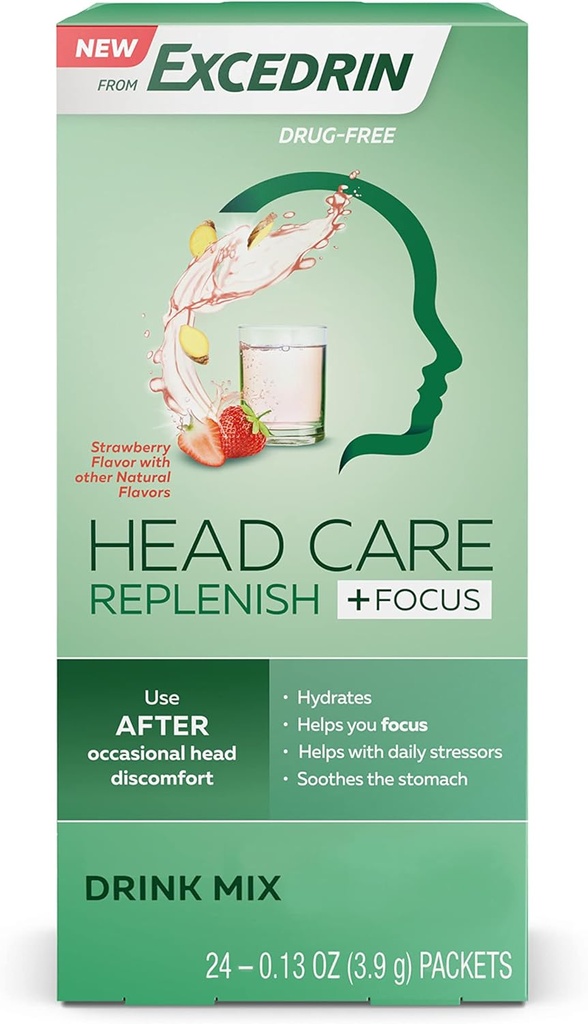 Excedrin Head Care Replenish Plus Focus Von Excedrin Drink Mix mit Elektrolyten, L-Theanin, Ginger und Koffein für Head Health Support - 24 Pakete