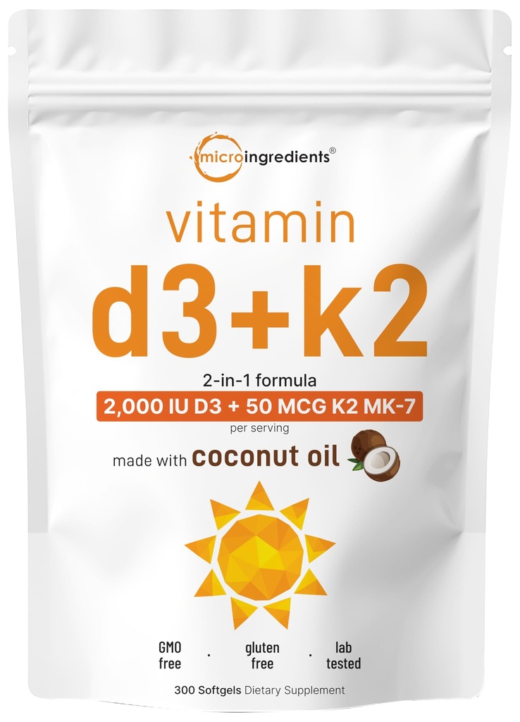 Micro Ingredients Vitamin D3 2.000 IU + K2 MK-7 50 mcg, 300 Softgels | Virgin Coconut Oil | 2-in-1 Unterstützung | Einfach zu schlucken, Non-GMO