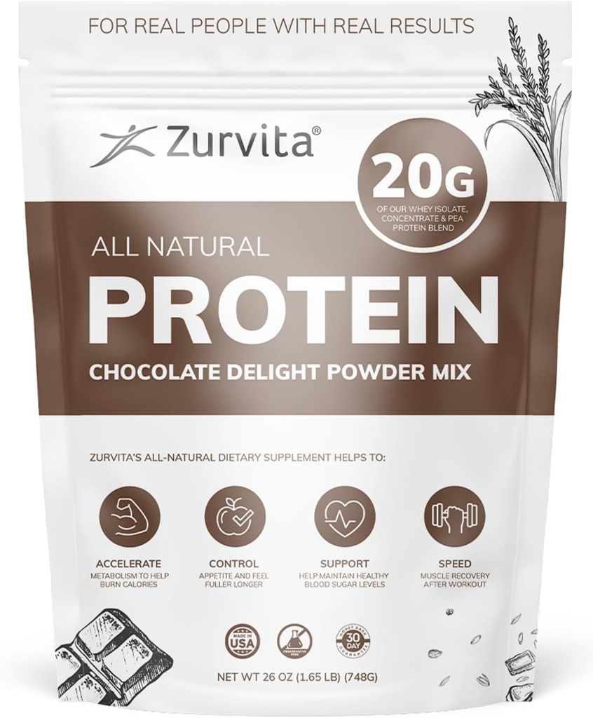 Zurvita - Chocolate Delight Protein Powder - 20g Protein, Probiotika, 24+ Vitamine und Mineralien - keine künstlichen Süßungsmittel - 26oz (20 Servierungen)