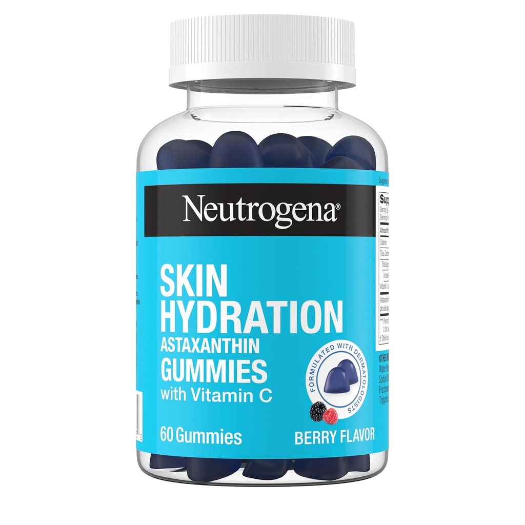 Neutrogena Haut Hydration Astaxanthin Gummis mit Vitamin C, Hautpflege-Ergänzungen für hydrierte, glatte & gesünde Haut, Tägliche Antioxidante Gummie für Hautgesundheit, Berry Flavor, 60 ct