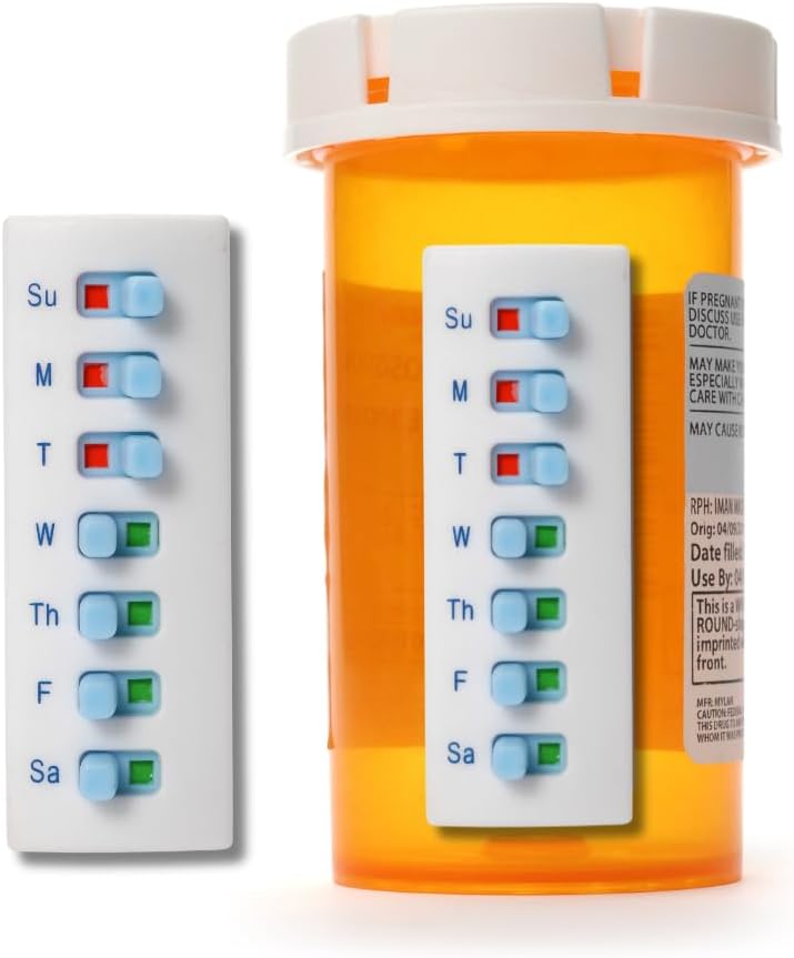 Peel et Stick réutilisable pour 12 + Recharges, Pill/Medication/Vitamine/Pet Med Tracker & Rappel, attachez à votre bouteille, sans organisateur, courbe-retour (blanc, 2-pack)