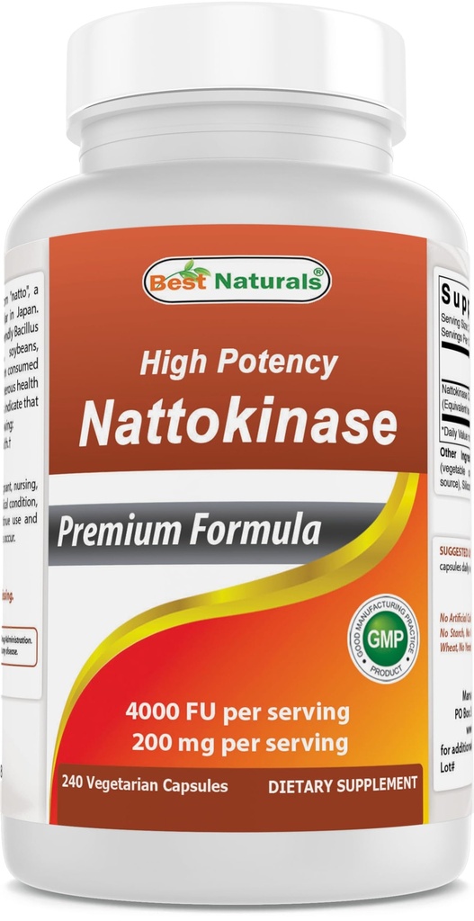 Best Naturals High Potency Nattokinase 4000 FU Pro Servieren/ 200 mg pro Servieren, 240 Vegetarain Kapseln. Nicht-GVO, Glutenfrei.