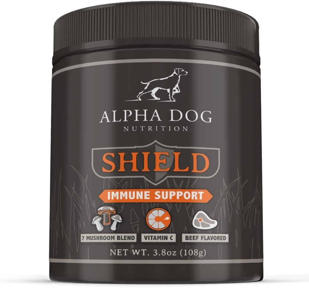 Shield Allergy Immununterstützungsergänzung für Hunde von Alpha Dog Nutrition - 7 Ernährungsphysische Pilz-Pulver Complex + Vitamin C bis zur Erhöhung Immunität - Bis zu 120 Servierungen für kleine Zuchthunde, 108g