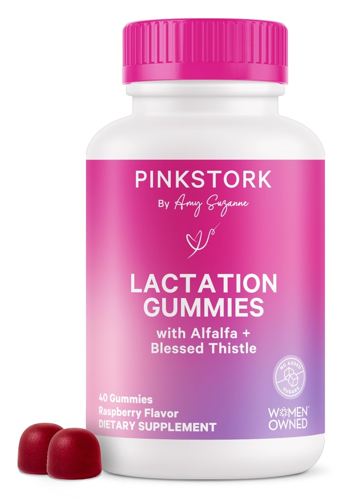 Pink Stork Lactation Supplement Gummis - Unterstützung Brustmilch Versorgung mit Milchdistel, Alfalfa, Vitamin D und B12, Postpartum Erholung, Stillende Essentials - Raspberry, 40 Count