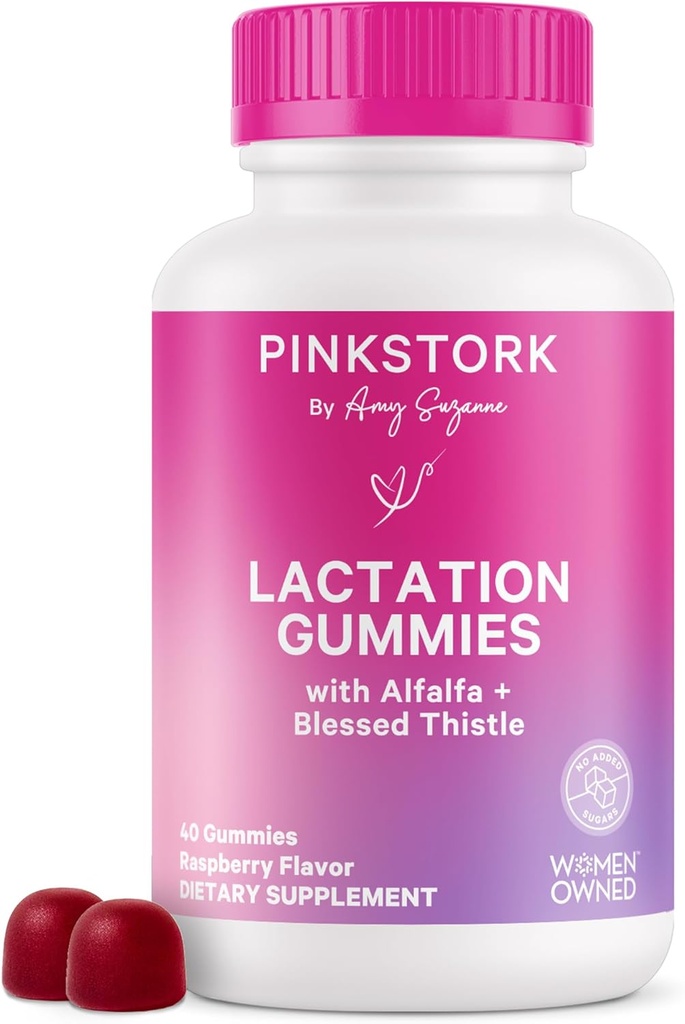 Pink Stork Lactation Supplement Gummis - Unterstützung Brustmilch Versorgung mit Milchdistel, Alfalfa, Vitamin D und B12, Postpartum Erholung, Stillende Essentials - Raspberry, 40 Count