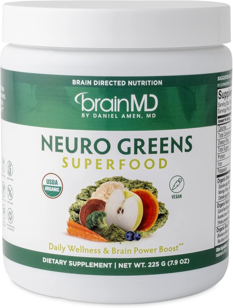 BRAINMD Dr Amen Neuro Greens Superfood - 7.9 oz - Unterstützt Ganzkörper-Wellness, Verdauung + Immun- und Gehirngesundheit - Glutenfrei - 30 Servierungen