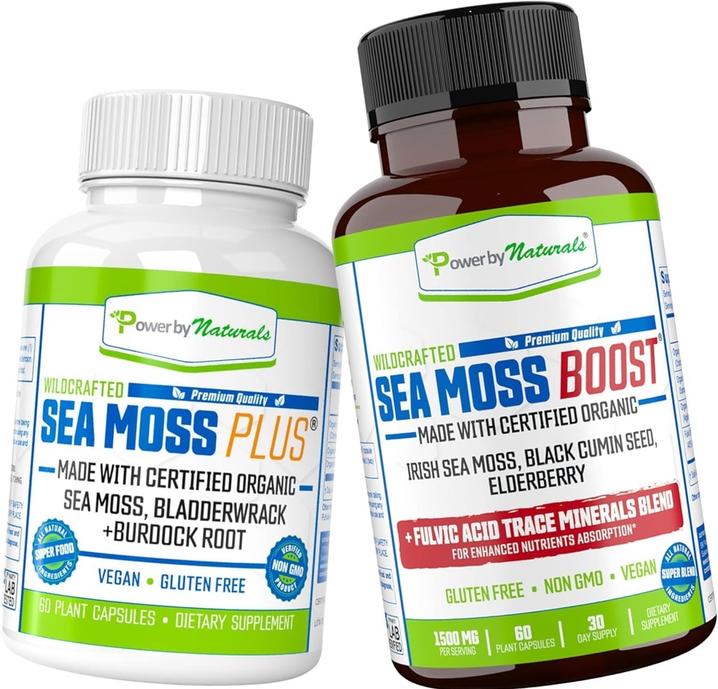 Power By Naturals Certified Organic Sea Moss Capsules Bundle (SeaMos Plus & Sea Moss Boost) - wildcrafted, Non GMO Sea Moss Roh Organic - 60 Gluten-Free Nahtlose Pillen