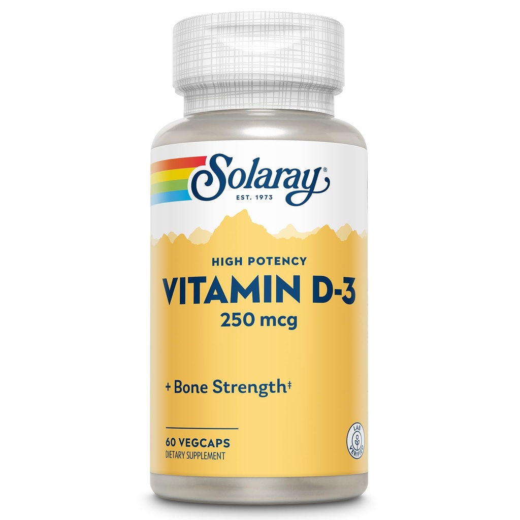 SOLARAY Vitamin D3 10000IU (250 mcg) - Hohe Potenz Vitamin D - mit VIT D3 als Cholecalciferol - starke Knochen und Immununterstützungsergänzung - 60-tägige Garantie, 60 Servietten, 60 VegCaps