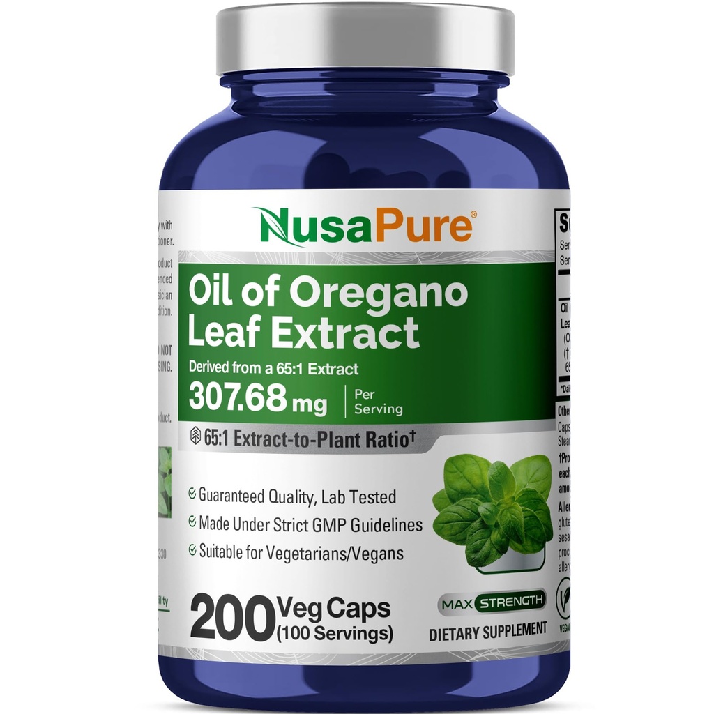 NusaPure Oregano Öl Extrakt 20000mg | 200 Veggie Pulver Kapseln | Natürlich kursieren Carvacrol | Non-GMO und Extrakt 65:1