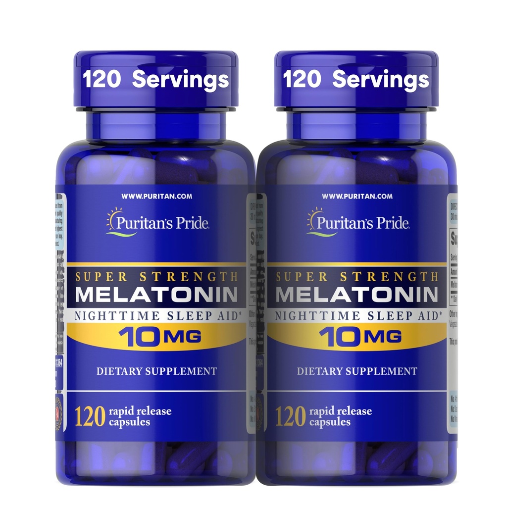 Puritan's Pride Premium Super Strength Melatonin 10mg Schlafhilfe, Nahrungsergänzung für Sound, Restauration, und längere Schlafunterstützung, 4 Monate Versorgung, 120 Rapid Release Capsules, 2 Pack (Packaging May Vary)