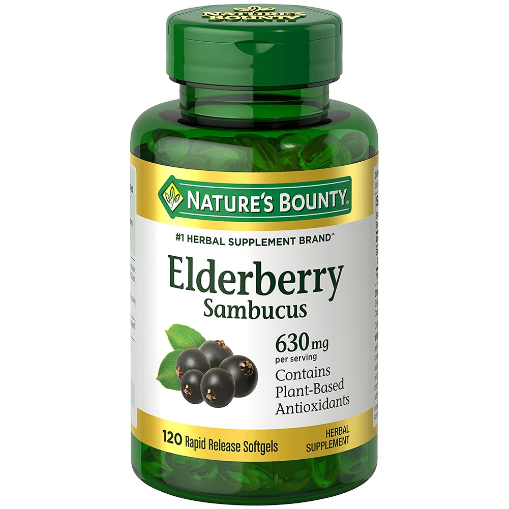 Nature's Bounty Sambucus Elderberry Kräuterergänzung, Rapid Release Softgels, 630 mg pro Servierung, 120 Count
