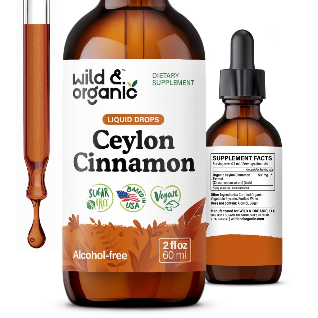 Wild & Organic Ceylon Cinnamon Extract Liquid Drops 500mg - Flüssige Cinnamon Ergänzungen für Gesamtunterstützung - Cinnamomum Verum Bark Tinkture - Vegan, Zucker & Alkoholfrei, Non-GMO - 2 fl oz