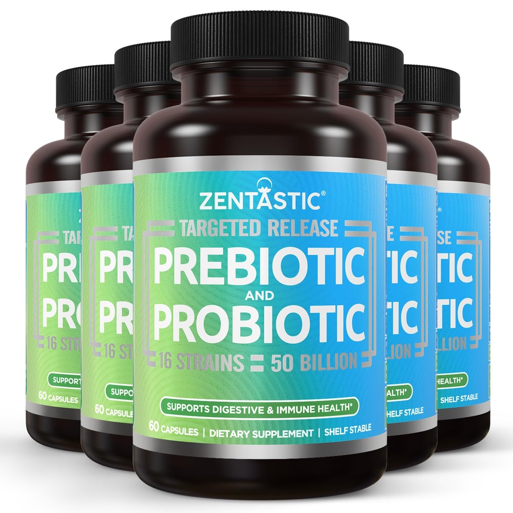 Zentastic Probiotics & Prebiotics Supplement - 50 Billion CFU - für Männer & Frauen Immun- & Verdauungs-Gesundheit - 16 Strains - Regal Stabil - 300 Delayed Release Veggie Capsules
