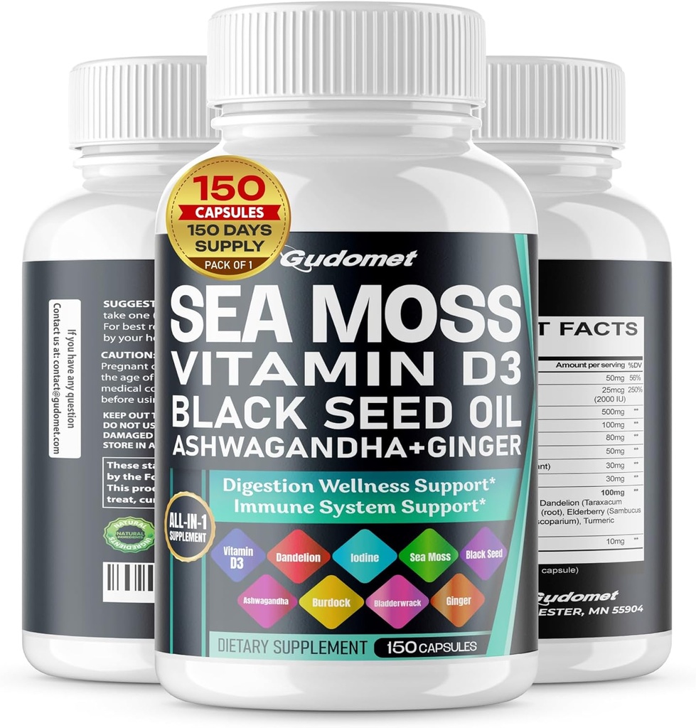 Huile de graines noires de mousse de mer - Supplément All-in-1 avec vitamine C Vitamine D3 Ashwagandha Burdock Bladderwrack Ginger Apple Cider Vinegar Dandelion Jaune