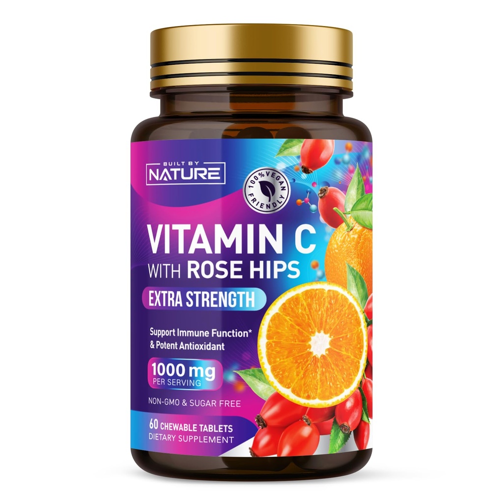 Erbaut von Nature Chewable Vitamin C mit Rose HIPS - 1000mg Immununterstützungsergänzung - Non-GMO, Glutenfrei, Vegan - Leistungsstarkes Antioxidans für Energie & Collagen Boost - Orange Flavor – 60 Tabletten