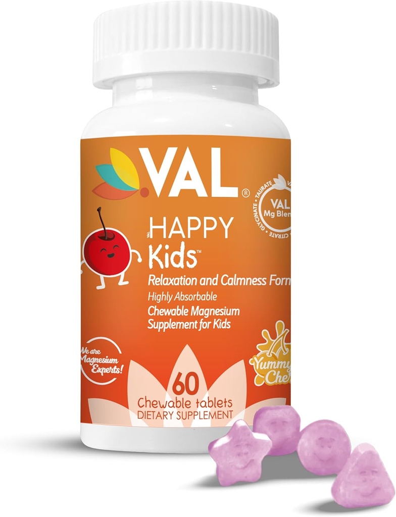 VAL Magnesium für Kinder | High-Absorption Magnesium für Kalorien, Entspannung & Fokus | Mg Glycinate, Citrate & Taurate | mit Vitamin B6, D & C | Zuckerfrei, Non-GMO | 60 Chewable Tablets