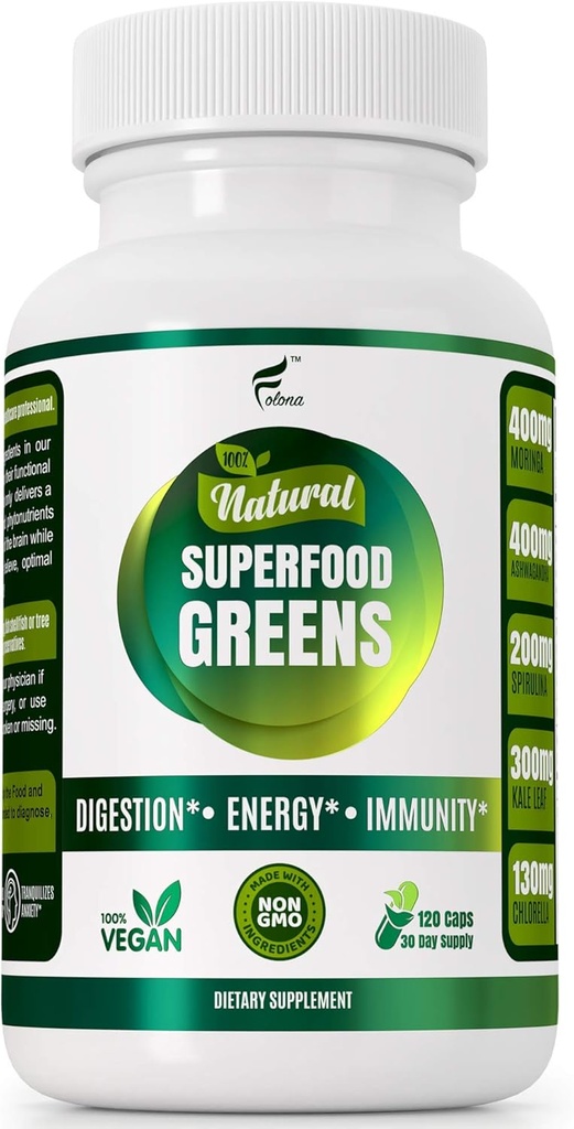 Bio Vegan Super Greens Kapseln mit Ashwagandha - Immununterstützung mit allen natürlichen ganz Nahrung Nährstoffe Chlorella, Moringa, Spirulina, Turmeric, Kale. Verbessern Sie Verdauung, Boost Energy - Detox Pillen