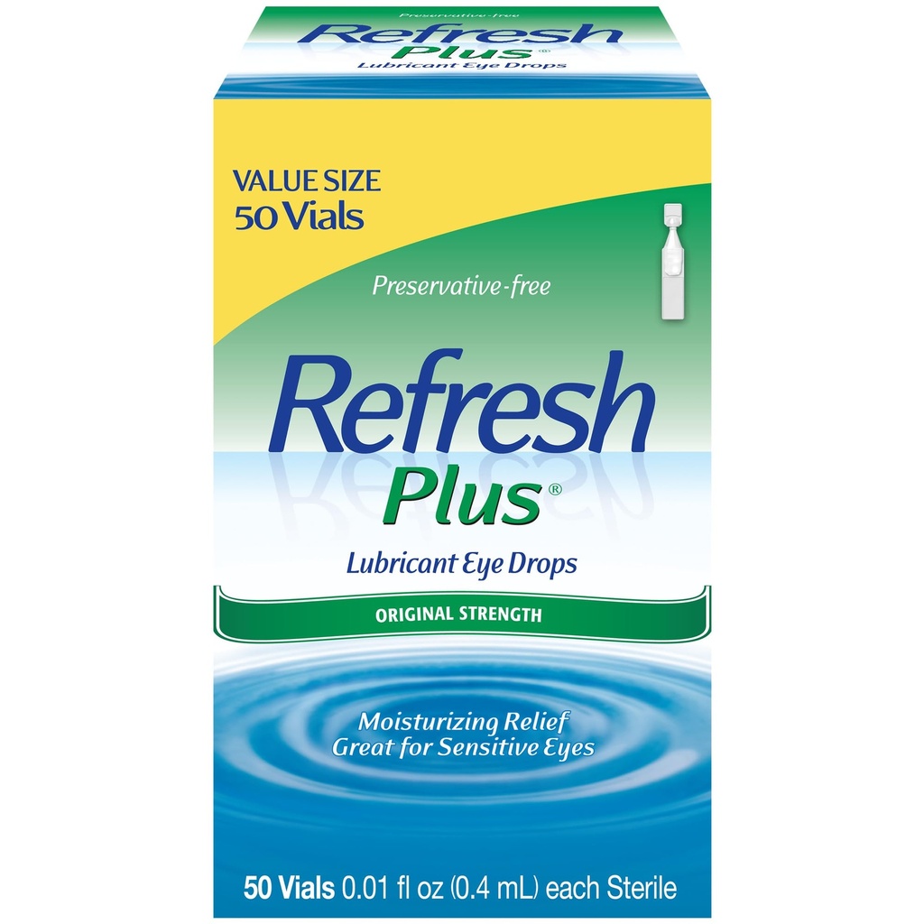 REFRESH PLUS Lubricant Eye Drops Preservative-Free Artificial Tears, 0.01 fl oz (0.4 mL), 50 Single-Use Containers