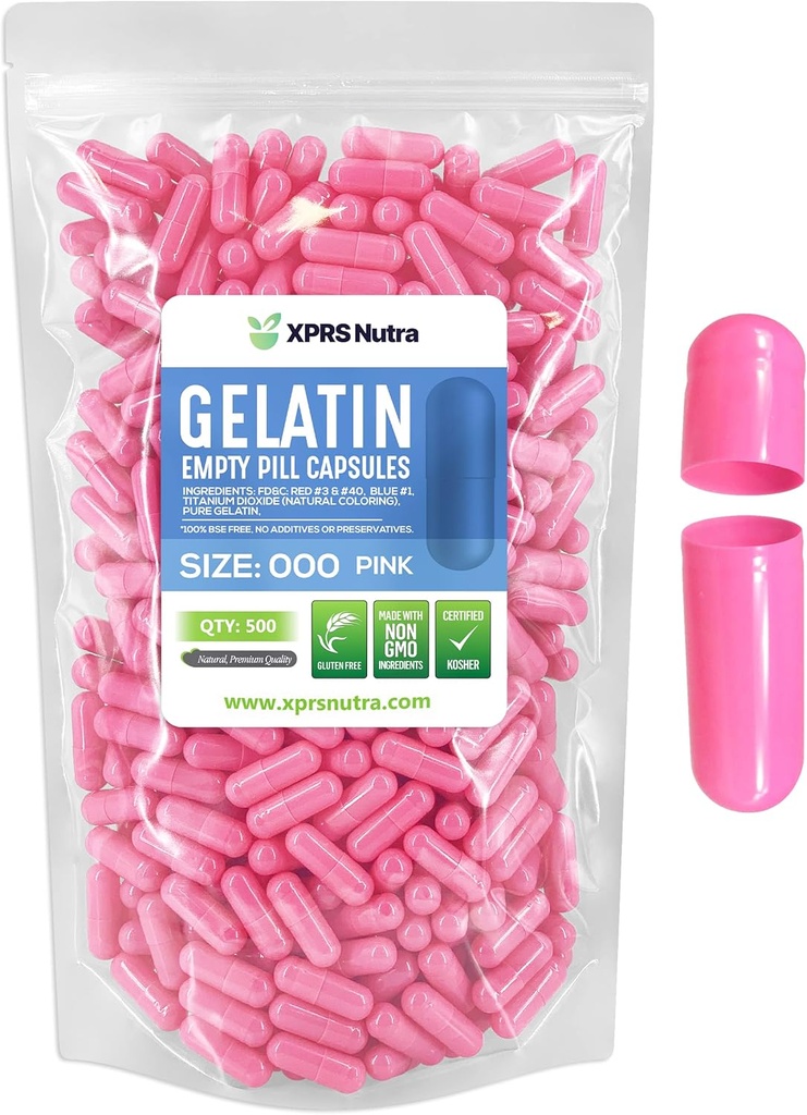 XPRS Nutra Größe 000 Leere Kapseln - 500 Zähler große leere Gelatine Kapseln - Pillen für DIY Ergänzung Kapsel Füllung - Füllbare Farbe Gel Kapseln Pillen (Pink)