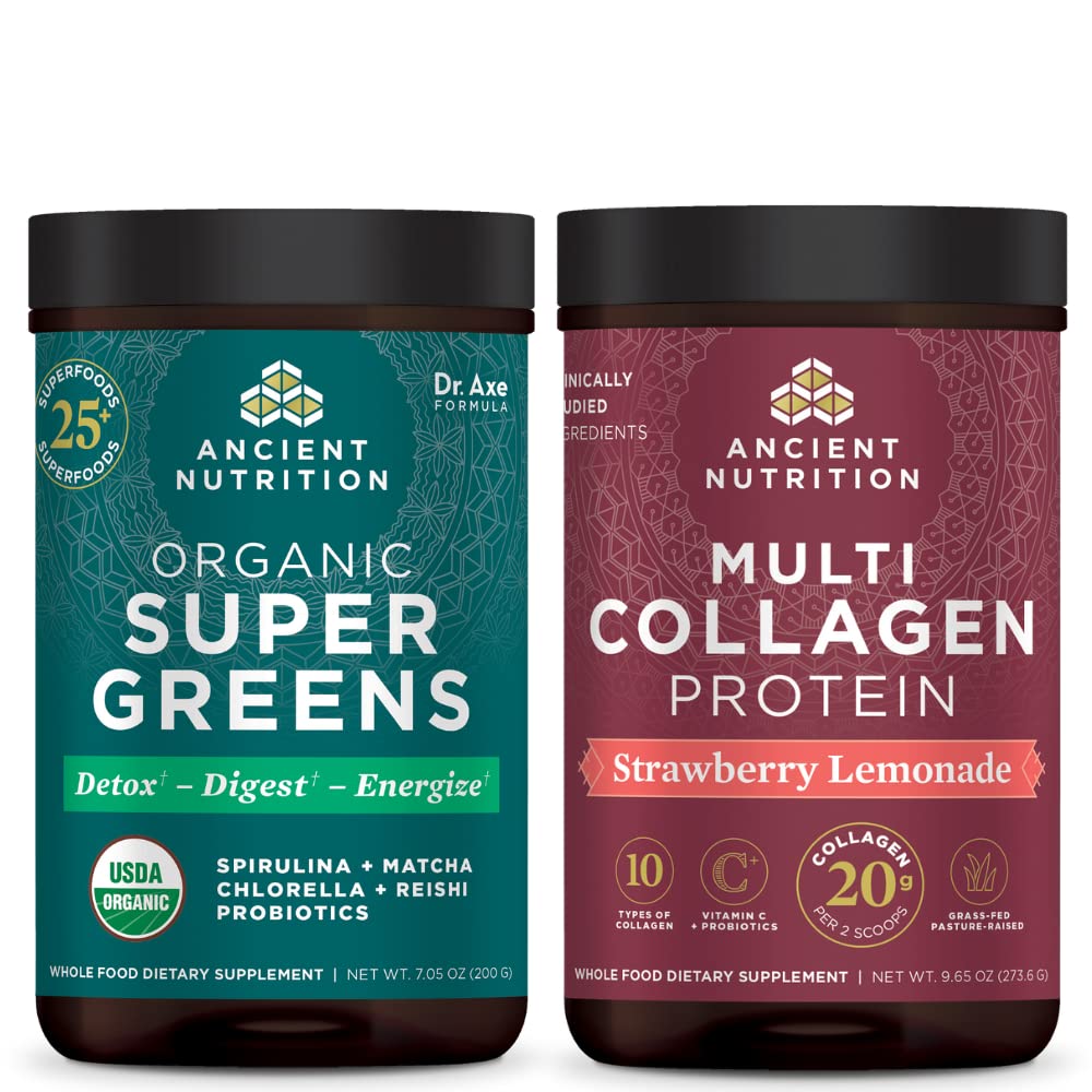 Antike Ernährung Bio Supergreens Pulver, Greens Flavor, 25 Servierungen + Multi Collagen Protein Pulver, Erdbeere Limonade, 24 Servierungen