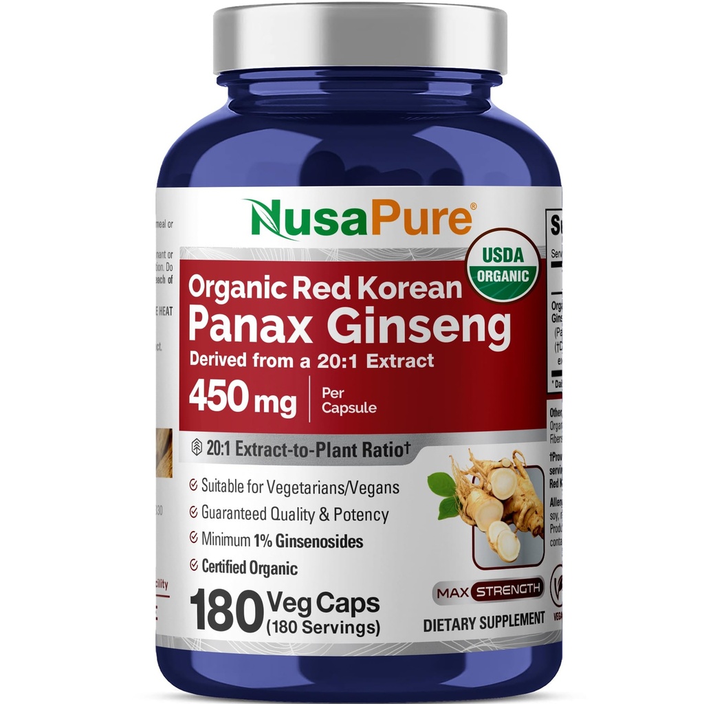 NusaPure Red Korean Panax Ginseng 20:1 Extrakt, 450 mg Äquivalent zu 9.000 mg 180 Veggie Caps (USDA Organic, Non-GMO, Vegan, Vegetarisch, Bioperine)