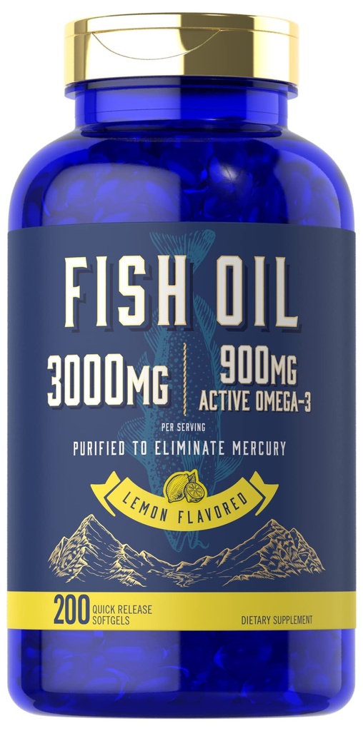 Carlyle Fish Oil 3000mg | 900mg Omega 3 | 200 Softgels | Lemon Flavor | Non-GMO und Gluten kostenlose Ergänzung