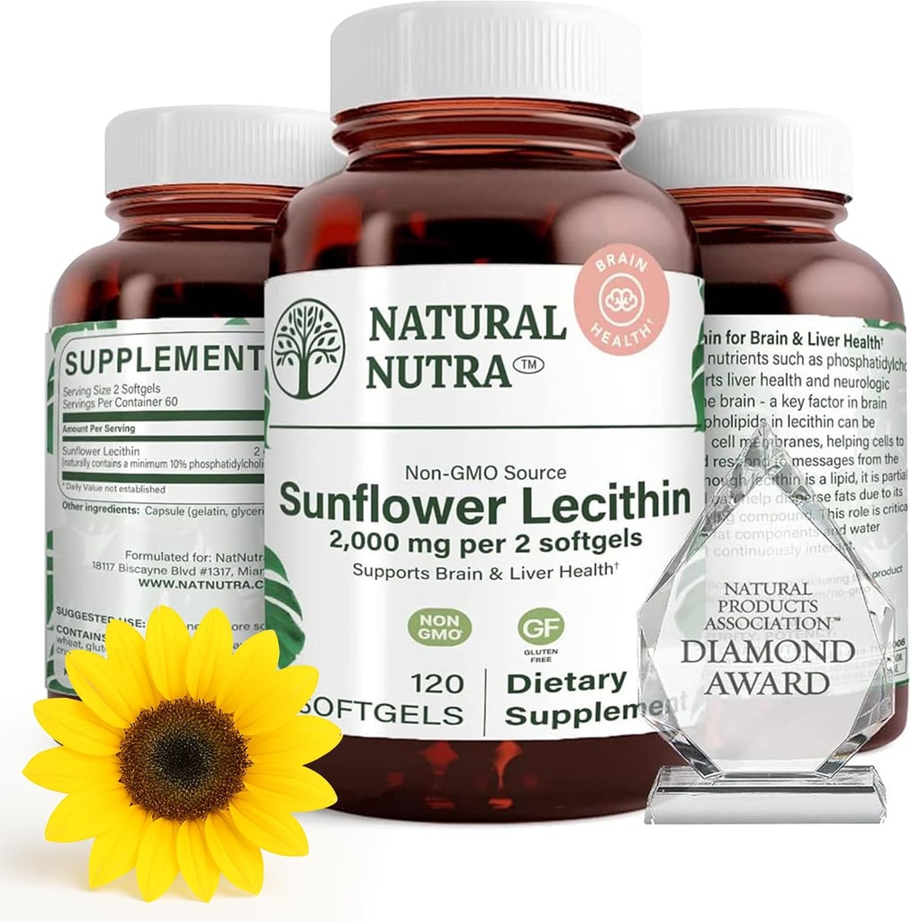Supplément naturel Nutra Sunflower Lécithine 2000 mg, soutient l'allaitement maternel des mamans avec duct Relief Plugged Lait, Foie et Brain Health Booster, sans soja, sans OGM, sans gluten, 120 Softgels (3 Pack)