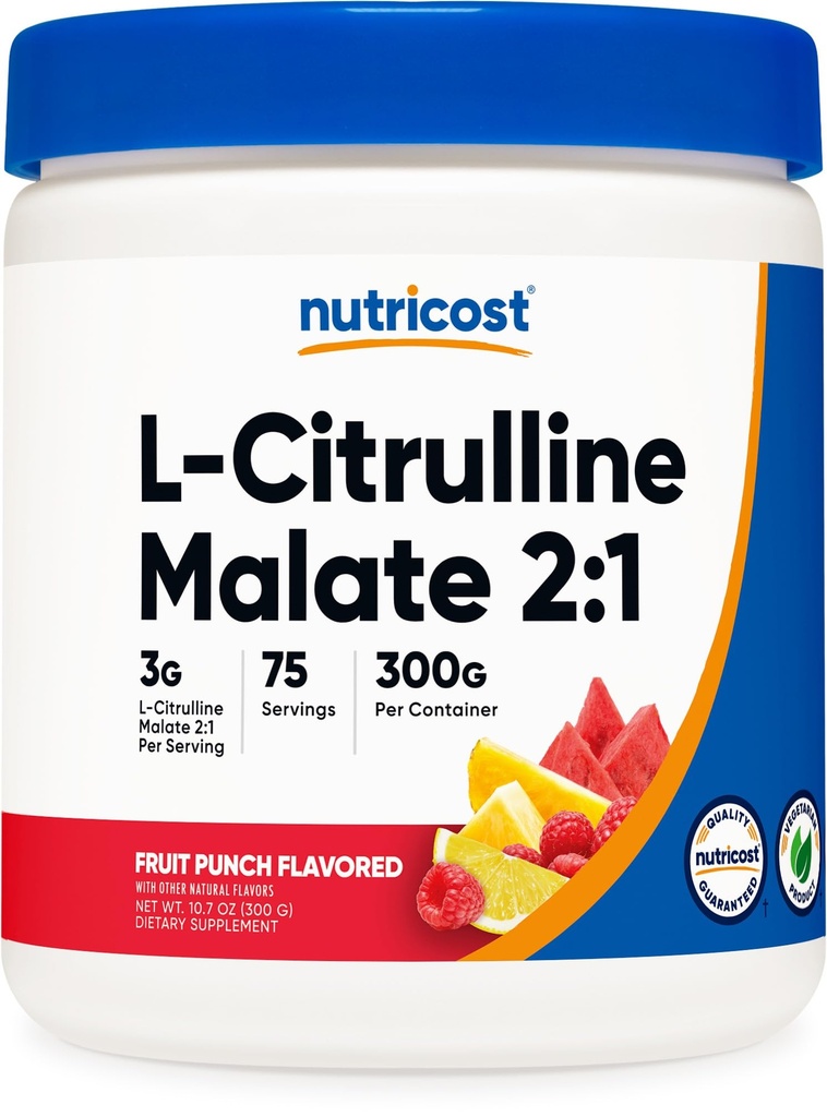 Nutricost L-Citrulline Malate 2:1 300g Fruit Punch - Workout Support, Muscle Performance, Nitric Oxide Booster - Fitness Supplement Powder, 75 Servings