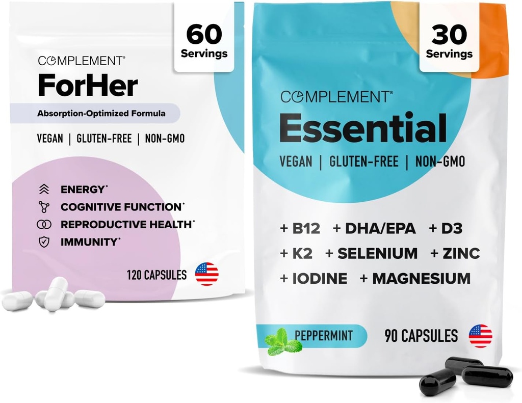 Complement ForHer & Essential Vegan Multivitamin Bundle – 30-Tage Frauen Wellness-Unterstützung mit Omega 3, B12, D3, Eisen, Folate & More – Energie, Immunität & Hormonal Balance