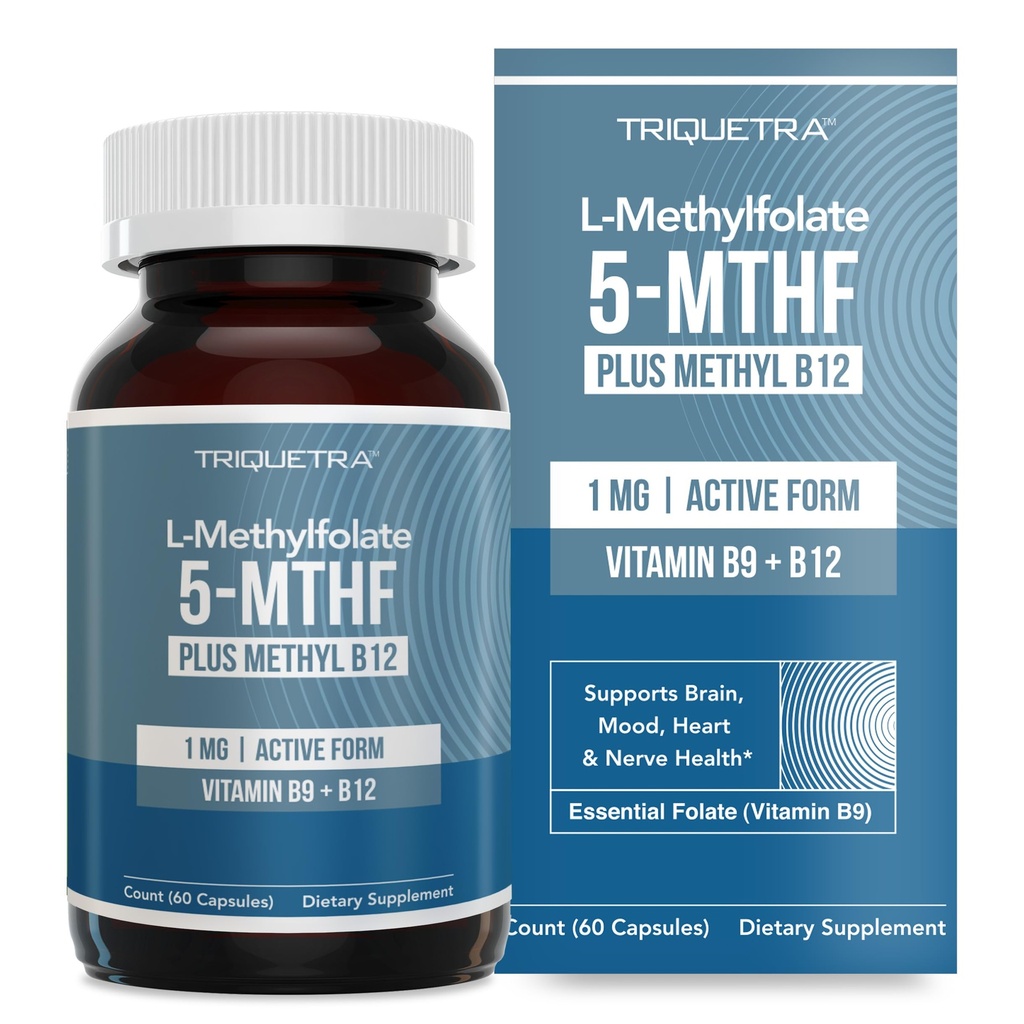 L Méthyl Folate 1000 mcg Plus Méthyl B12 Cofacteur – Forme active 5-MTHF - Supporte l'humeur, la méthylation, la cognition – Formes bioactives hautement biodisponibles de vitamine B9 et B12 (60 capsules – 60 portions)