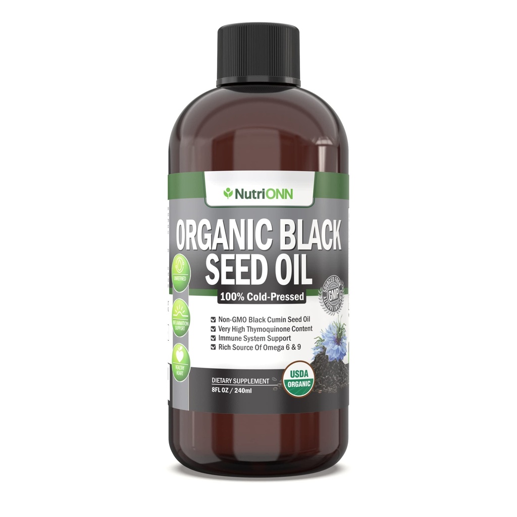 Bio Black Seed Oil - USDA Certified Organic Black Cumin Seed Oil Liquid – High Thymoquinone Content – Non-GMO und Cold-Pressed – Rich Source of Omega-6 & Omega-9 Fettsäuren - 8 Oz