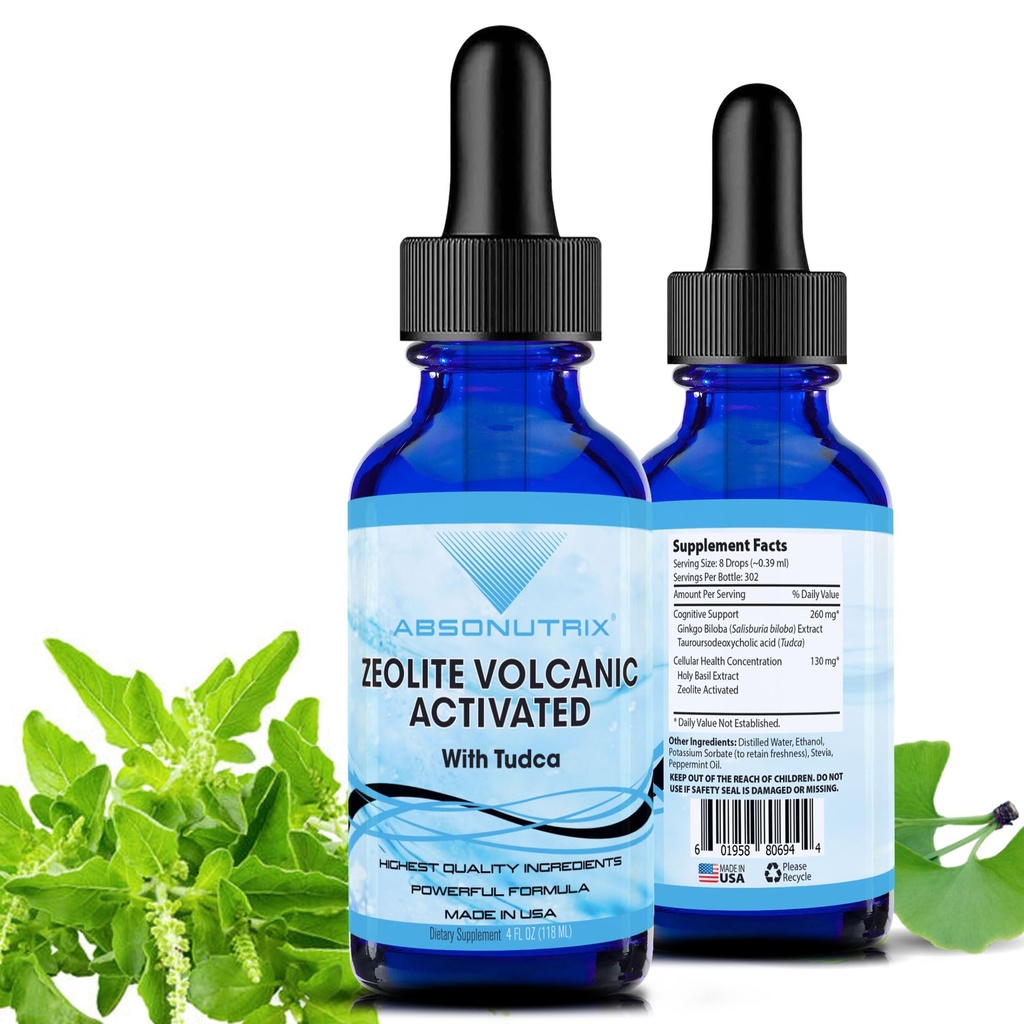Absonutrix Zeolith Vulkan aktiviert mit Tudca Advanced Formula 390 mg, 4 Oz Liquid, 302 Portionen, Made in USA, Quick Absorption, Non-GMO, GMP Certified Facility, Cruelty-Free Products