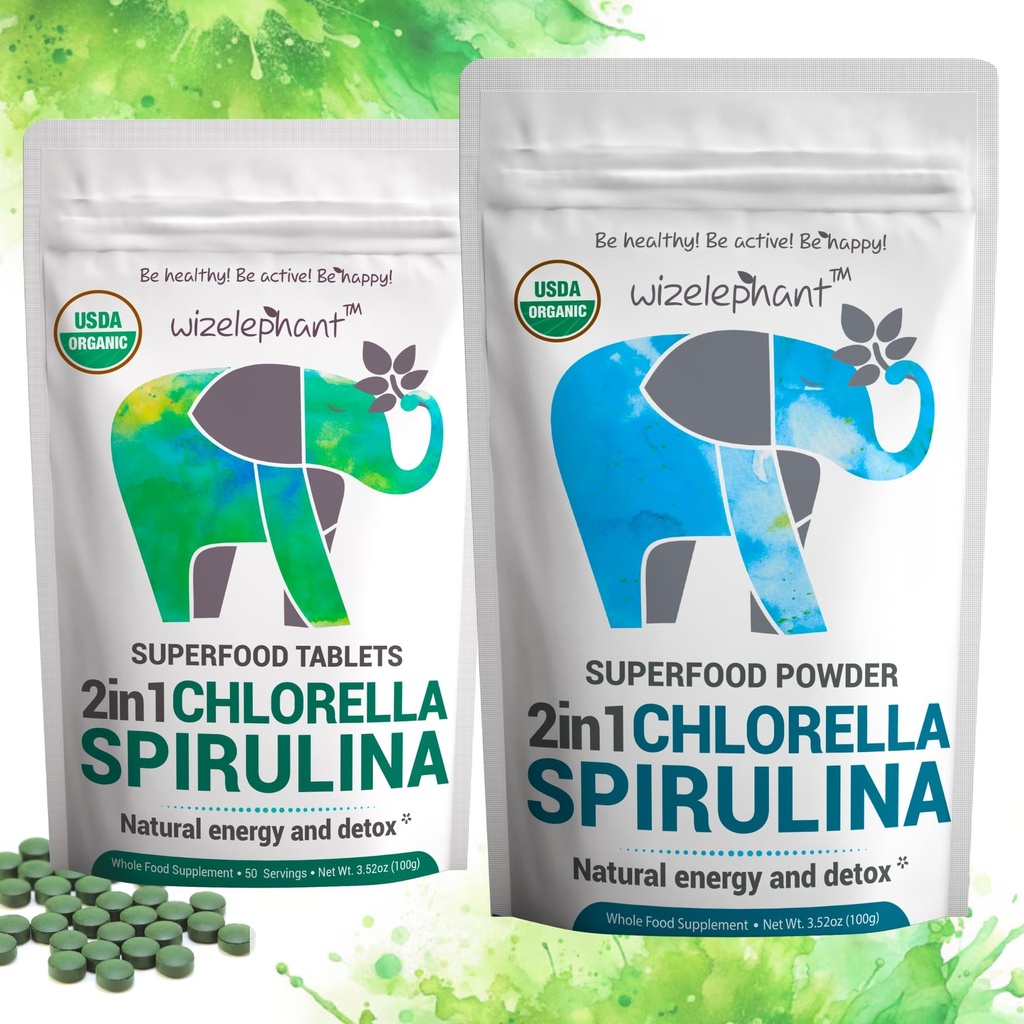 Chlorella Spirulina Pulver Bio + Spirulina Chlorella Tabletten | Organic| Reich an Chlorophyll | Grüns Superfood Pulver & Tablets Bundle