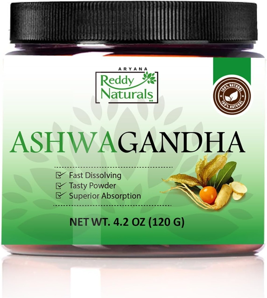Reddy Naturals Aryana Pure Poudre d'Ashwagandha bio - Extrait de racine à haute puissance avec 10% de Withanolides - Arôme Orange Naturel pour support de stress et d'énergie - 4.2 OZ (120g)