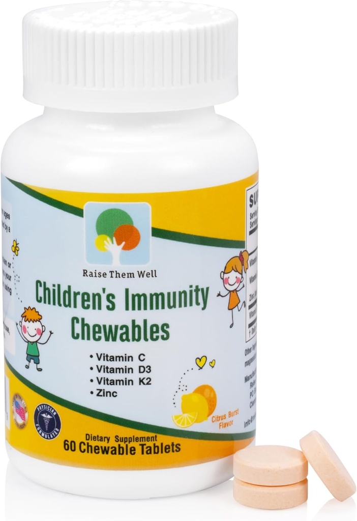 Raise Them Well Kids Vitamin C & Immune Support, Citrus Chewables for Children, Natural Immune Booster with Zinc & Elderberry + Kids Vitamin PDF, Doctor Formulated, 60 Tasty Tablets