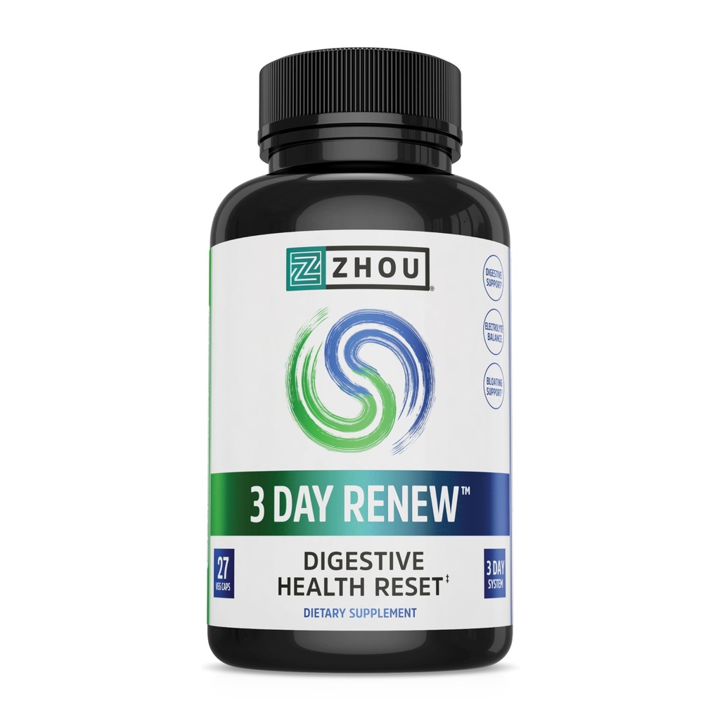 Zhou 3 Jours Renouveler - Probiotiques pour la santé digestive, Probiotiques pour les hommes et les femmes, Gut Health & Natural Reset Support Supplément avec Ginger et Aloe - 27 Veg Caps