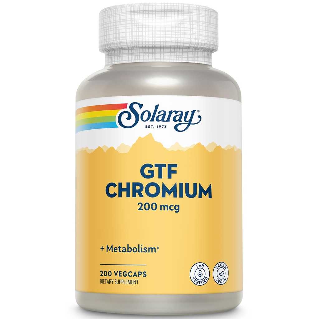 Solaray GTF Chromium 200mcg - Pure Chromium GTF 200 mcg Supplement, unterstützt Stoffwechselfunktion und Ganzkörpergesundheit für Männer und Frauen - 200 Vegan Kapseln